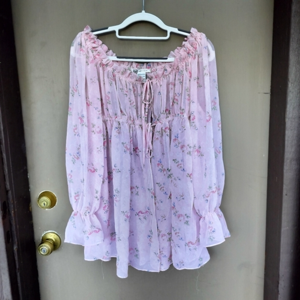 Morgan Taylor Pink Floral‎ Tie Front Long Sleeve Chemise Baloon Sleeve Fairy Sm